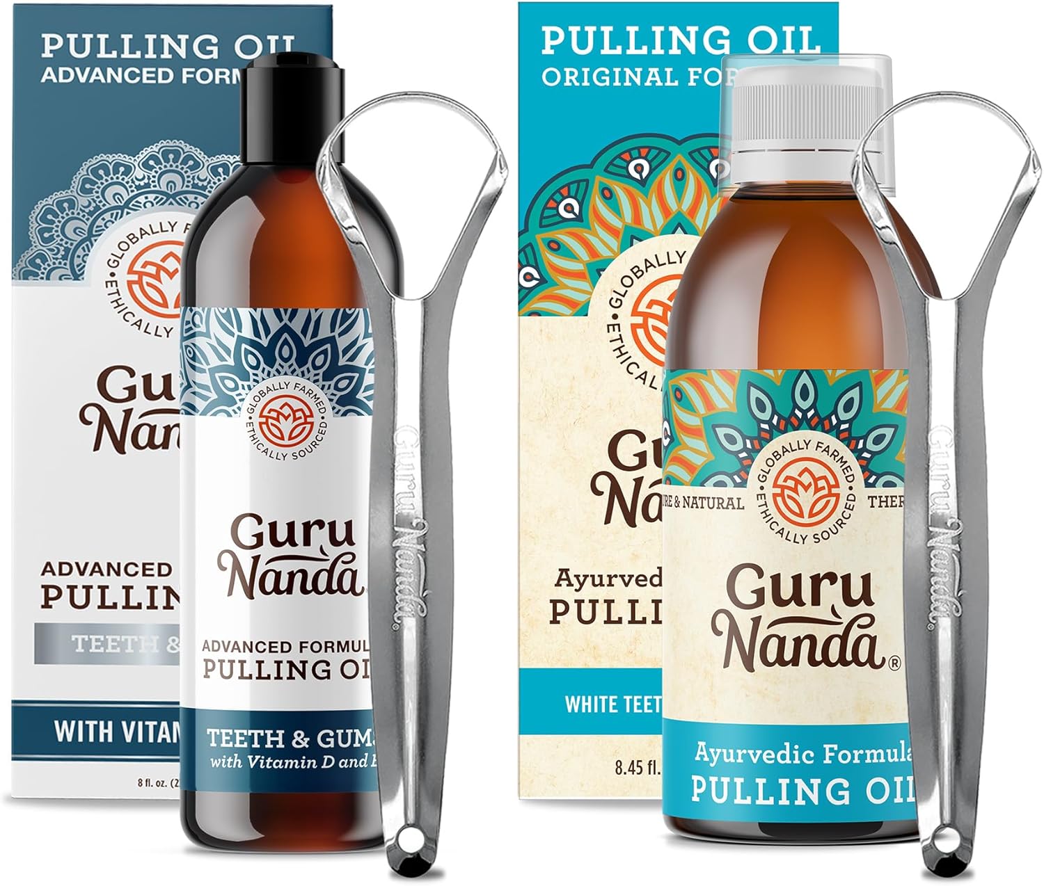 Gurunanda Original Oil Pulling Oil, Fluoride Free Vegan Natural Mouthwash & Advanced Formula Oil Pulling - Natural Coconut Oil Mouthwash With Essential Oils