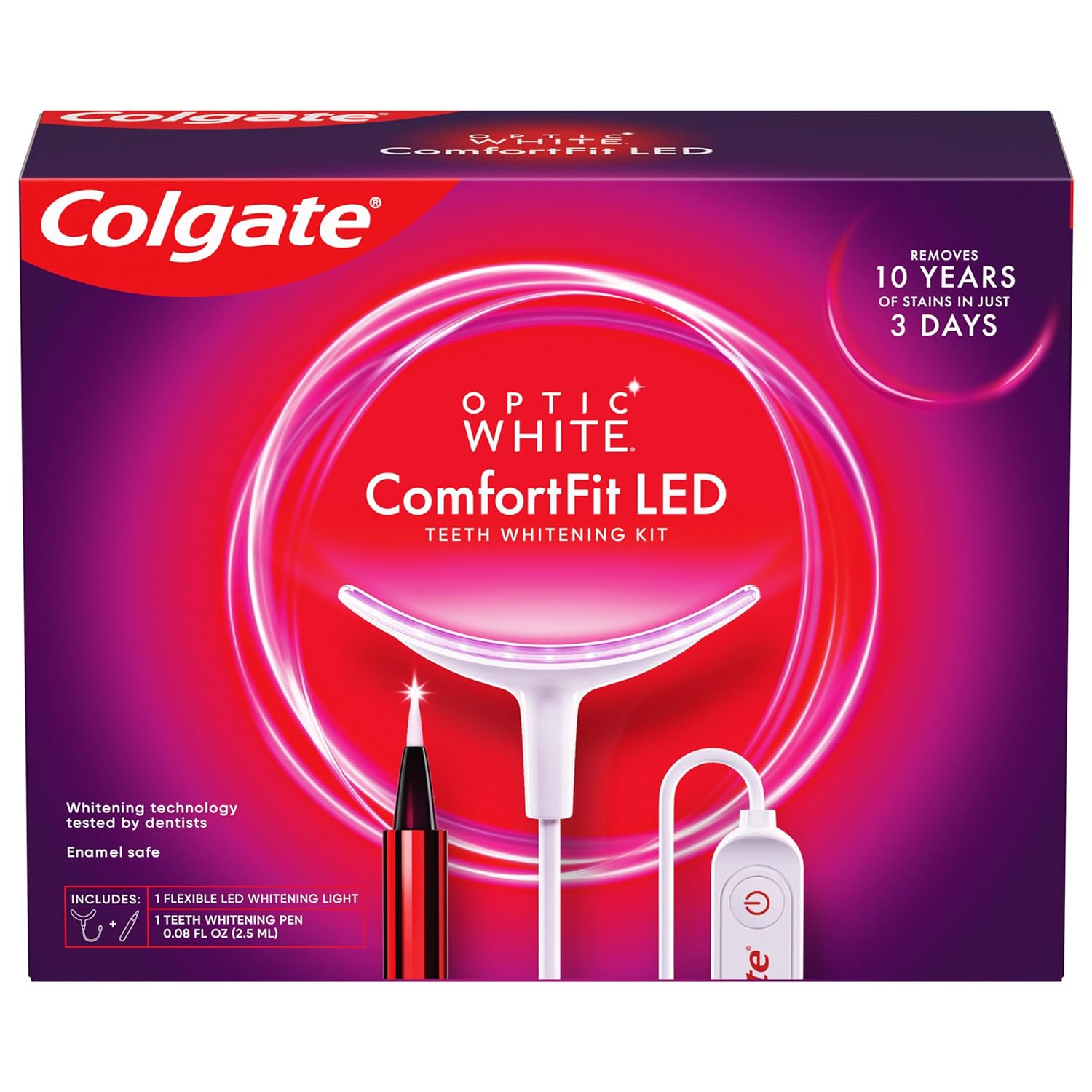 Colgate Optic White Comfortfit Teeth Whitening Kit With Led Light And Whitening Pen, Led Teeth Whitening Kit, Enamel Safe, Works With Iphone And Android