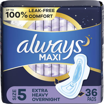 Always Maxi Overnight Pads With Wings, Size 5, Extra Heavy Overnight, Unscented, 36 Count