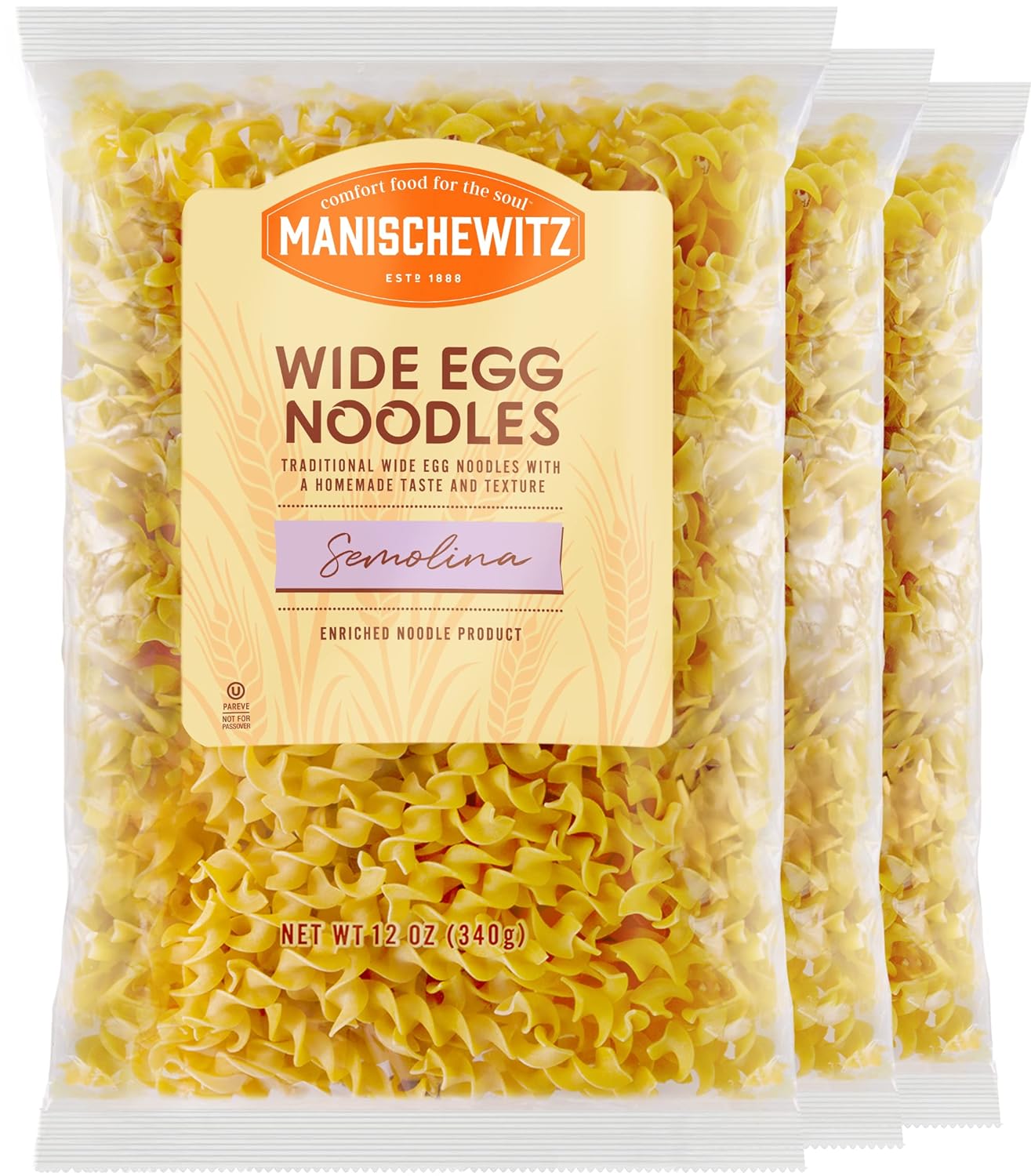 Manischewitz Homestyle Wide Egg Noodles 12oz (3 Pack) | Homestyle Pasta Taste & Texture, Premium Enriched, Low Sodium, No Preservatives