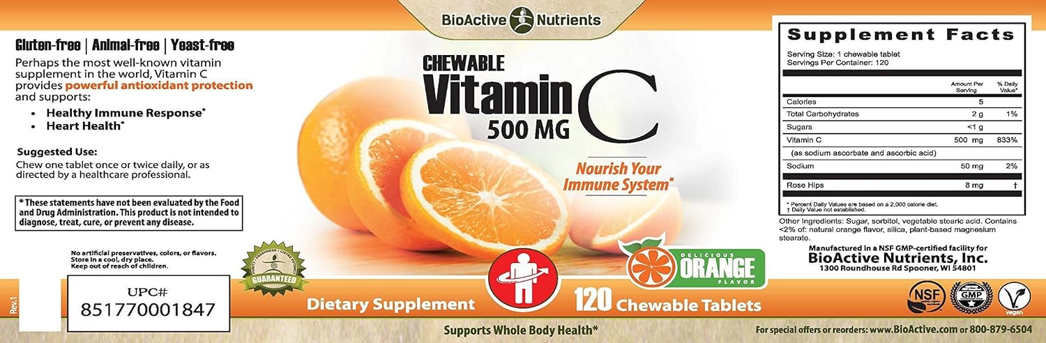 BIOACTIVE NUTRIENTS Vitamin C Chewable Tablets (Orange Flavor) - 500mg Vitamins - Dietary Supplements for Immunity, Plus Antioxidant Support - Made in USA - Gluten-Free, Yeast-Free, Vegan - : Health & Household
