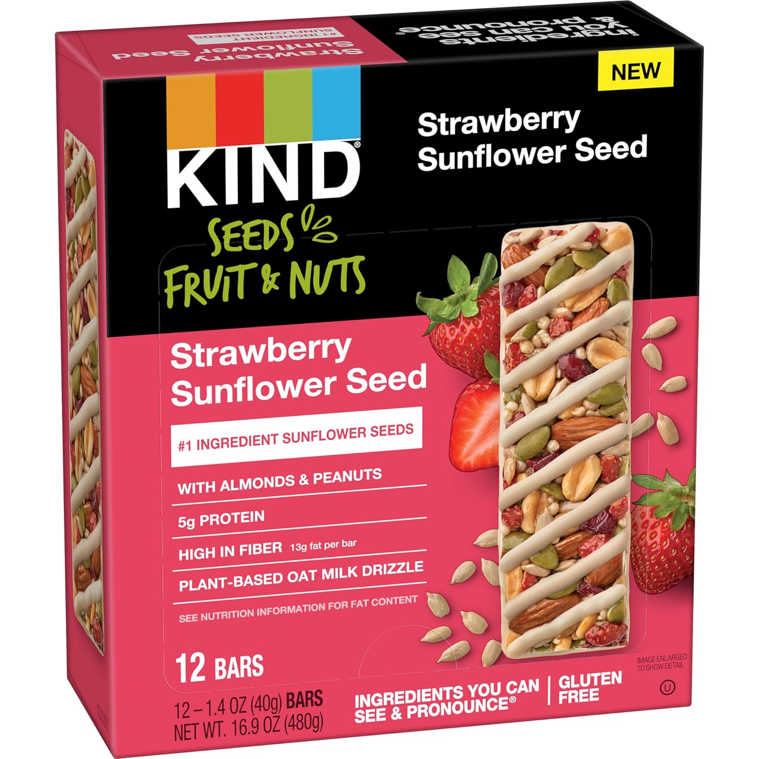 Kind Seeds Fruit & Nuts Snack Bar, Strawberry Sunflower Seed | 5G Protein, High Fiber, Gluten Free Bars, 1.4 Oz, 12 Count