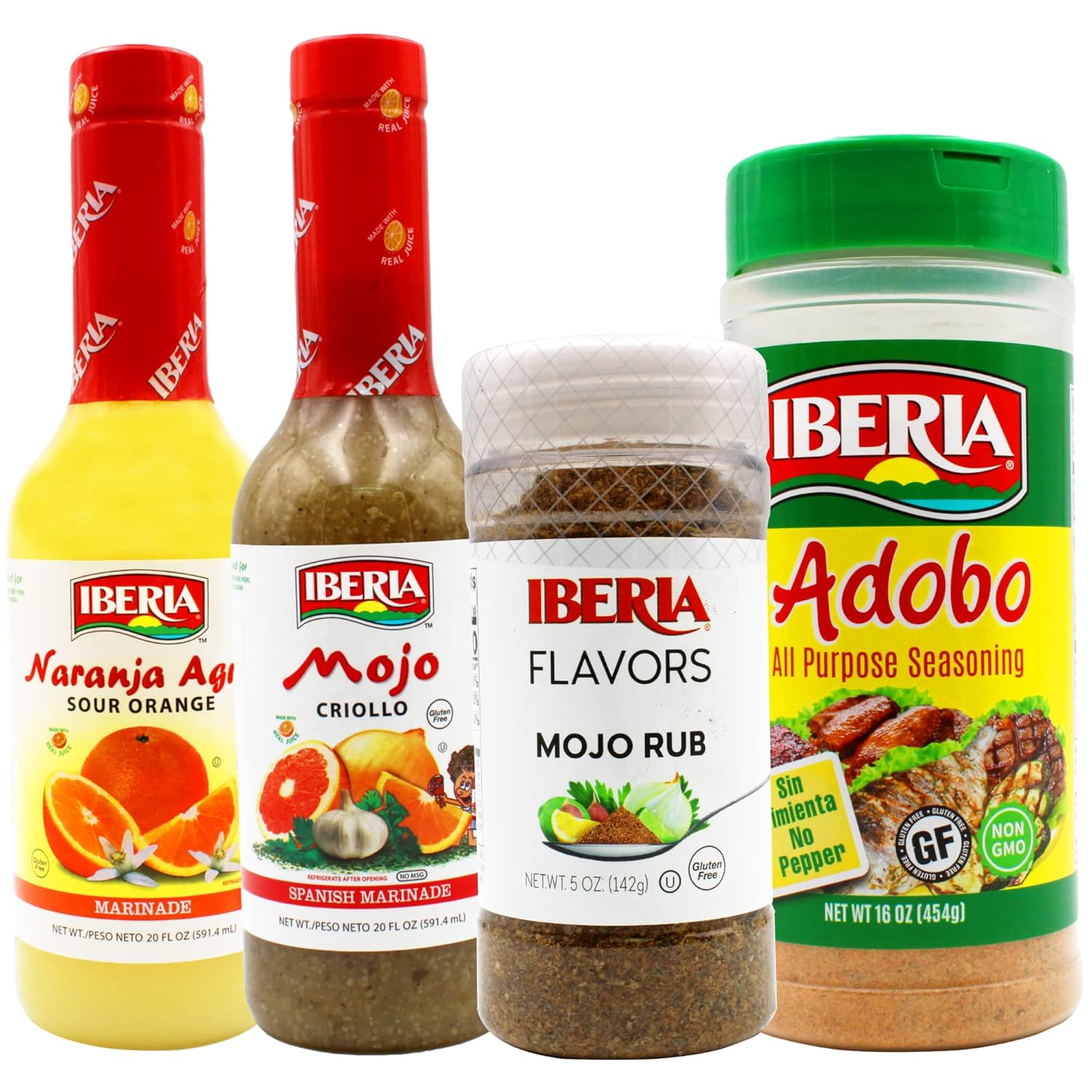 Iberia Mojo Criollo Spanish Marinating Sauce 20 Fl oz. + Iberia Naranja Agria, 20 Ounce + Iberia Mojo Rub, 5 oz + Iberia Adobo All Purpose Seasoning, Without Pepper, 16 oz : Grocery & Gourmet Food