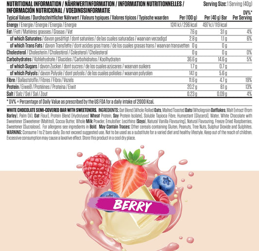 Bodyfuel High Protein Flapjack - 8G Protein, Low Sugar, High Fiber Snack For Pre-Workout & Post-Workout Recovery (Berry)(12 X 40G)