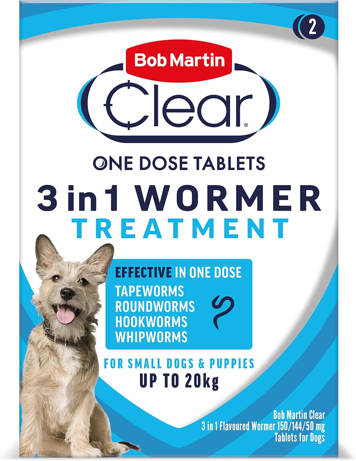 Bob Martin Clear 3-in-1 Wormer for Dogs (2 Tablets) - For Small Dogs and Puppies up to 20kg, Clinically Proven Treatment?A0277