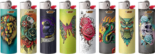 Bic Maxi Pocket Lighter, Special Edition Tattoos Collection, Assorted Unique Lighter Designs, 50 Count Tray Of Lighters