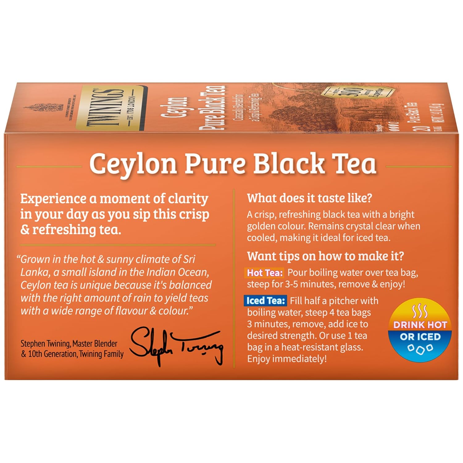 Twinings Ceylon Pure Black Tea - A Crisp, Refreshing Black Tea, Formerly Orange Pekoe, Caffeinated Tea Bags, Individually Wrapped, 20 Count (Pack Of 2)