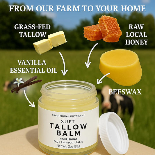 Suet Beef Tallow + Raw Honey Balm For Skin With Vanilla Essential Oil, Natural Grass Fed Tallow Moisturizer For Face And Body (4 Ounce)