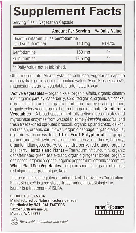 Natural Factors Biocoenzymated Benfotiamine B1 150 Mg Plus Thiamine Diphosphate, 30 Capsules