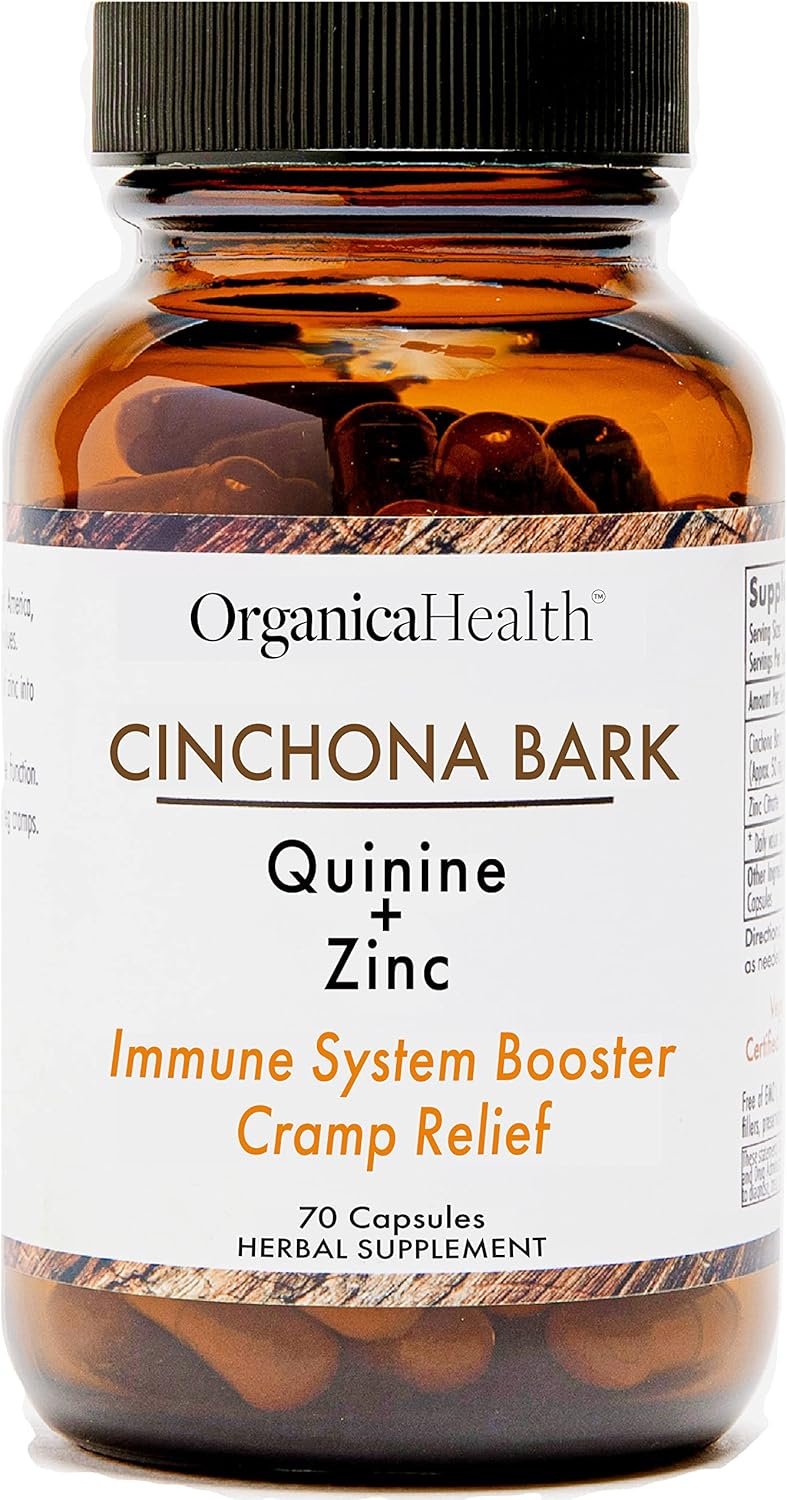 Quinine For Leg Cramps Defense, Restless Legs Relief - Organic Quinine With Zinc 50Mg - Cinchona Bark Herbal Supplement For Muscle Cramp, Immune And Digestive - 70 Vegan Capsules - Organica Health