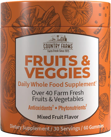 Country Farms Fruits And Veggies Gummies, With Over 40 Farm Fresh Fruits & Vegetables, Packed With Powerful Antioxidants, (Spirulina, Blueberry, Mushrooms), Daily Whole Food Supplement, Pectin Based