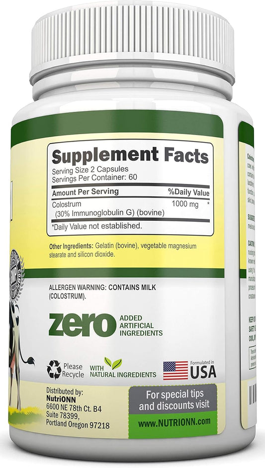 Colostrum - 1000Mg - 120 Capsules - 30% Igg - Non-Gmo Us Dairy - First Milking Bovine Colostrum - Low Heat Processed - Great For Gi Tract Health - Immune Support - Bone And Muscle Health