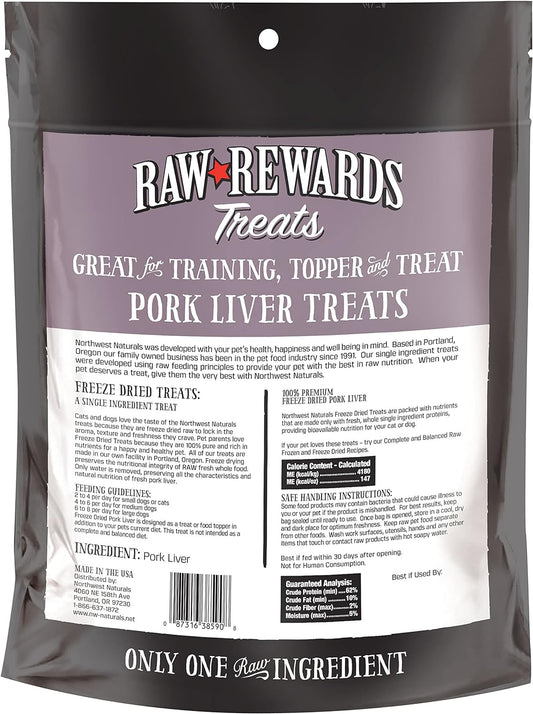 Northwest Naturals Raw Rewards Freeze-Dried Pork Liver Treats for Dogs and Cats - Bite-Sized Pieces - Healthy, 1 Ingredient, Human Grade Pet Food, All Natural - 10 Oz (Pack of 3)