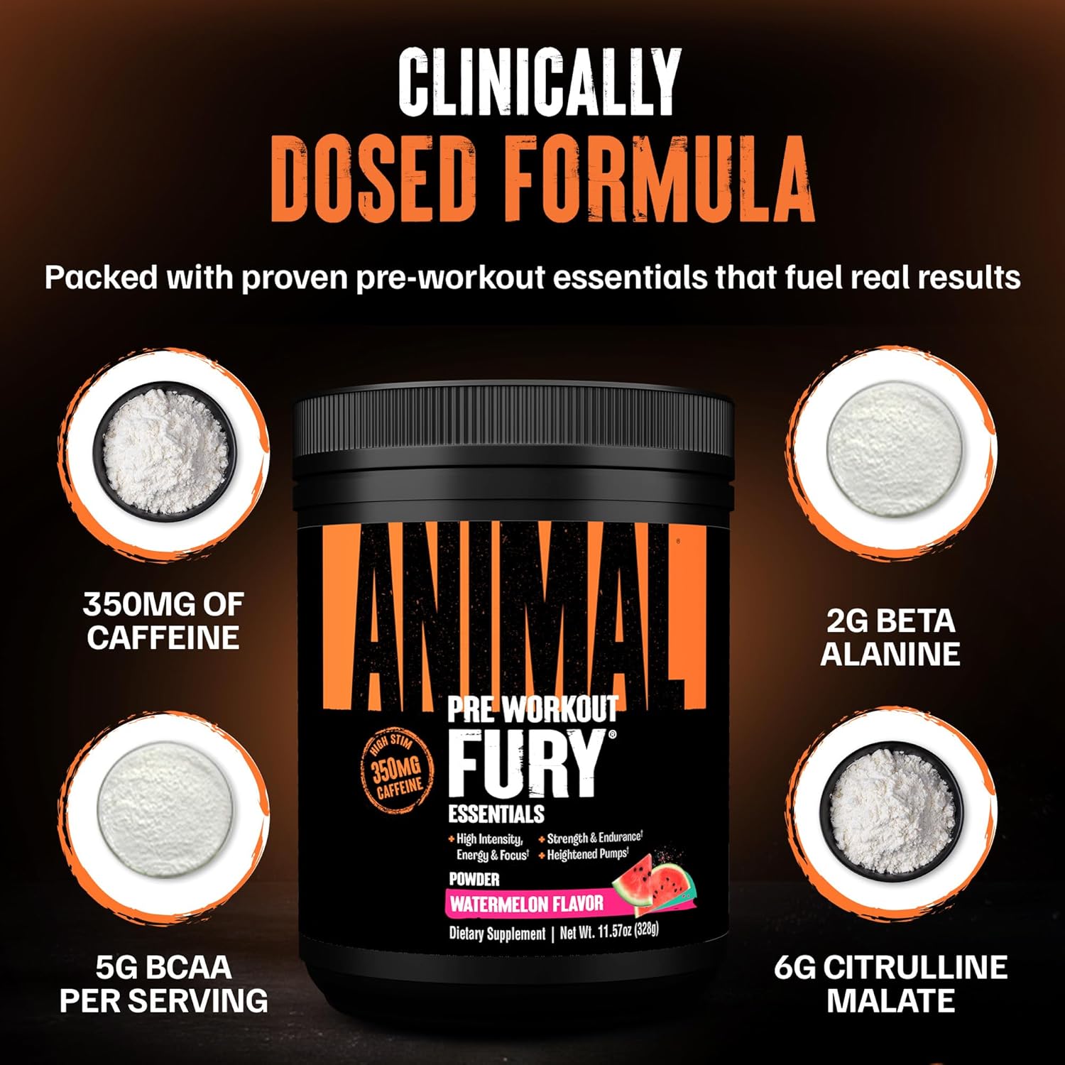 Animal Fury Pre Workout Powder - Watermelon, 350Mg Caffeine, Bcaa Amino Acids, 2G Beta Alanine, Citrulline & Tyrosine, Energy, Focus, Strength, Endurance, Preworkout For Men & Women, 20 Servings : Health & Household