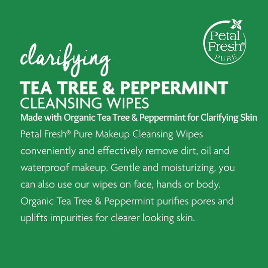 Petal Fresh Clarifying Tea Tree & Peppermint Makeup Removing, Cleansing Towelettes, Gentle Face Wipes, Daily Cleansing, Vegan and Cruelty Free, 60 count