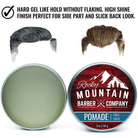 Rocky Mountain Barber Company Pomade For Men - 5 Oz Tub Classic Styling Product With Strong Firm Hold For Side Part, Pompadour & Slick Back Looks – High Shine & Easy To Wash Out – Water Based