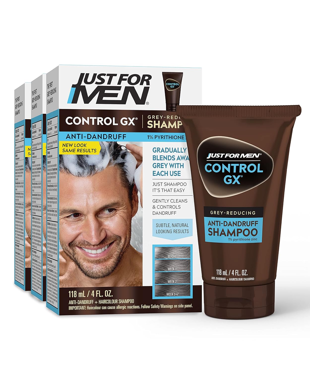 Just For Men Control Gx Grey Reducing Anti-Dandruff Shampoo, Gradual Hair Color, Controls Dandruff With Zinc Treatment, 4 Fl Oz - Pack Of 3 (Packaging May Vary)