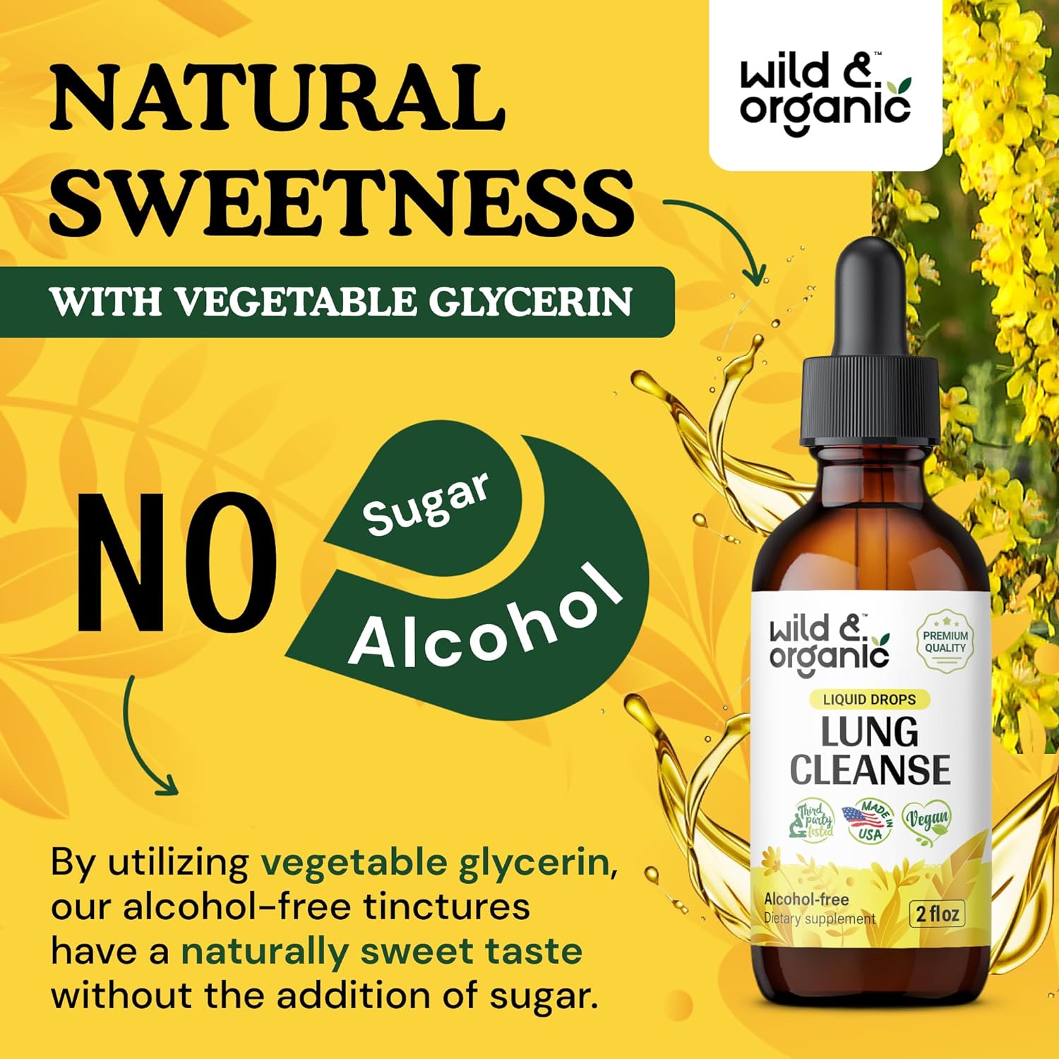 Wild & Organic Lung Detox and Cleanse Supplement - Mullein Leaf Tincture - Lung Health Support for Smokers - Vegan, Alcohol Free Drops - 2 fl oz : Health & Household