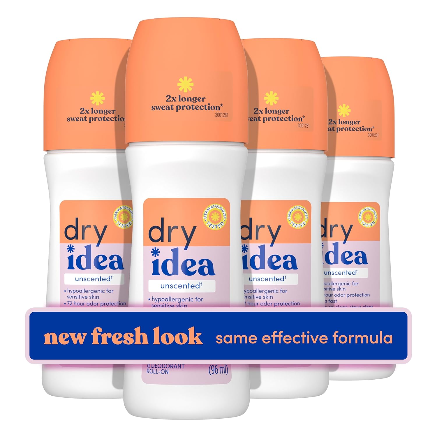 Dry Idea Roll-On Deodorant & Antiperspirant | 2X Longer Sweat Protection | 72-Hour Odor Protection | Unscented & Hypoallergenic For Sensitive Skin, 3.25 Oz. (4-Pack)