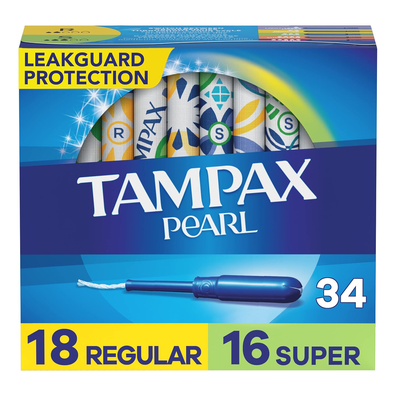 Tampax Pearl Tampons Multipack, Regular/Super Absorbency, With Leakguard Braid, Unscented, 34 Count