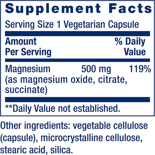 Life Extension Magnesium Caps, 500 Mg, Magnesium Oxide, Magnesium Citrate, Magnesium Succinate, Heart Health, Healthy Bones, Metabolism Support - Pack Of Two - 2 X 100 Vegetarian Capsules