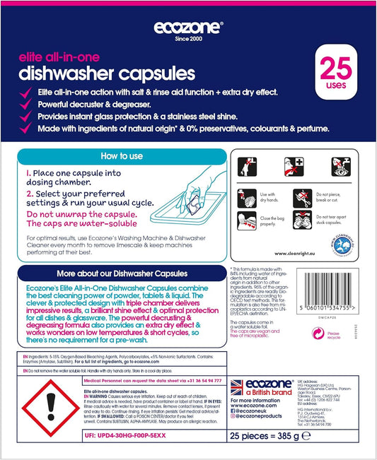 Ecozone Optimum All In One Dishwasher Capsules X 25, Dishwashing Tablets With Salt, Rinse Aid & Extra Dry Effect, Powerful Degreaser & Dish Washer Tabs, Eco Conscious & Gentle On Appliances