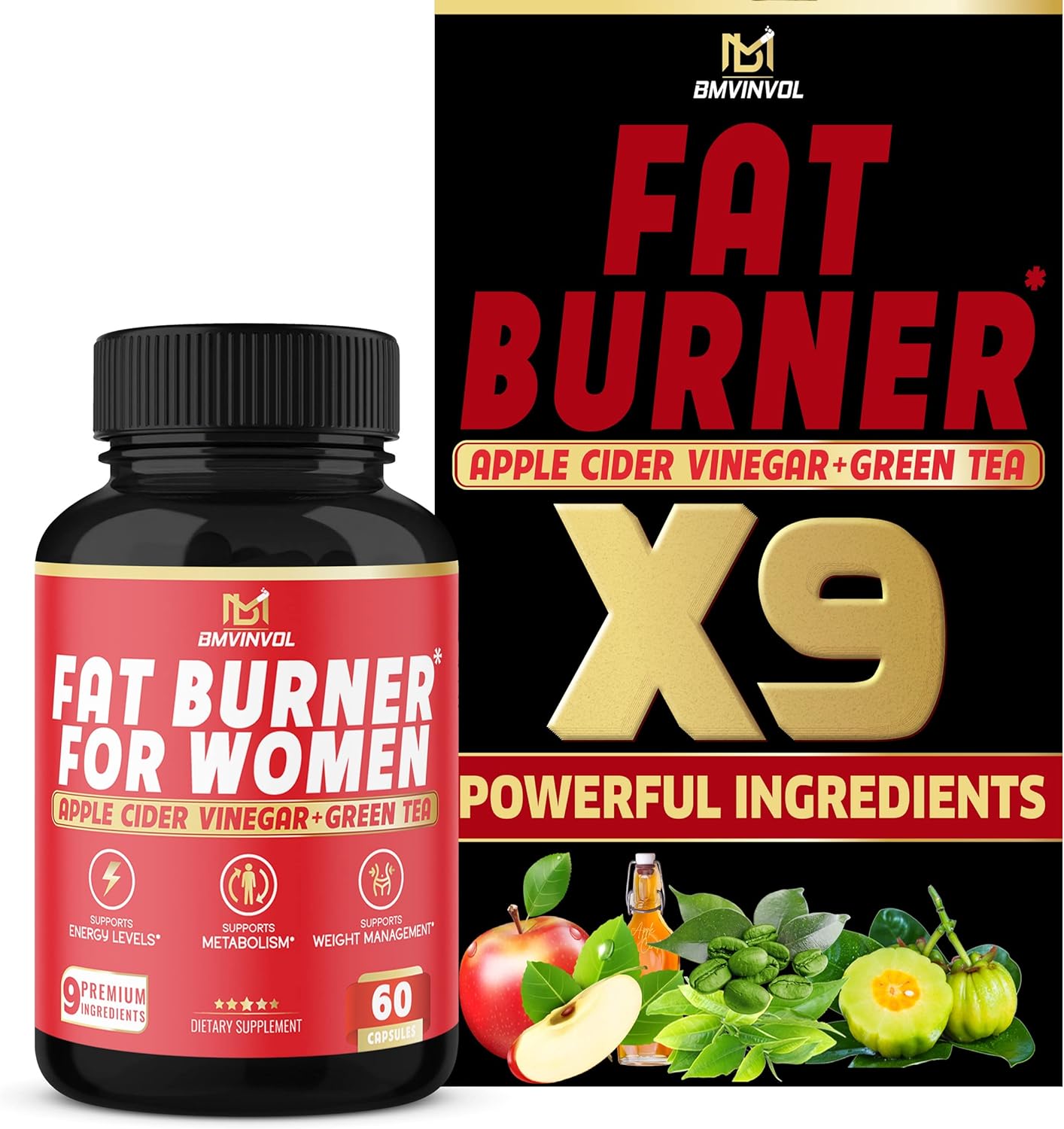 Fat Burner for Women, 9-in-1 Powerful Blend of Apple Cider Vinegar, Green Tea, Garcinia Cambogia, Green Coffee Bean, White Kidney Bean, Coleus Forskohlii, Raspberry Ketones, Olive Leaf