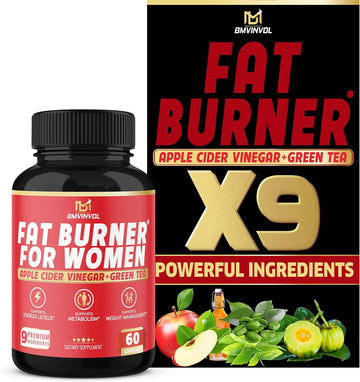 Fat Burner for Women, 9-in-1 Powerful Blend of Apple Cider Vinegar, Green Tea, Garcinia Cambogia, Green Coffee Bean, White Kidney Bean, Coleus Forskohlii, Raspberry Ketones, Olive Leaf