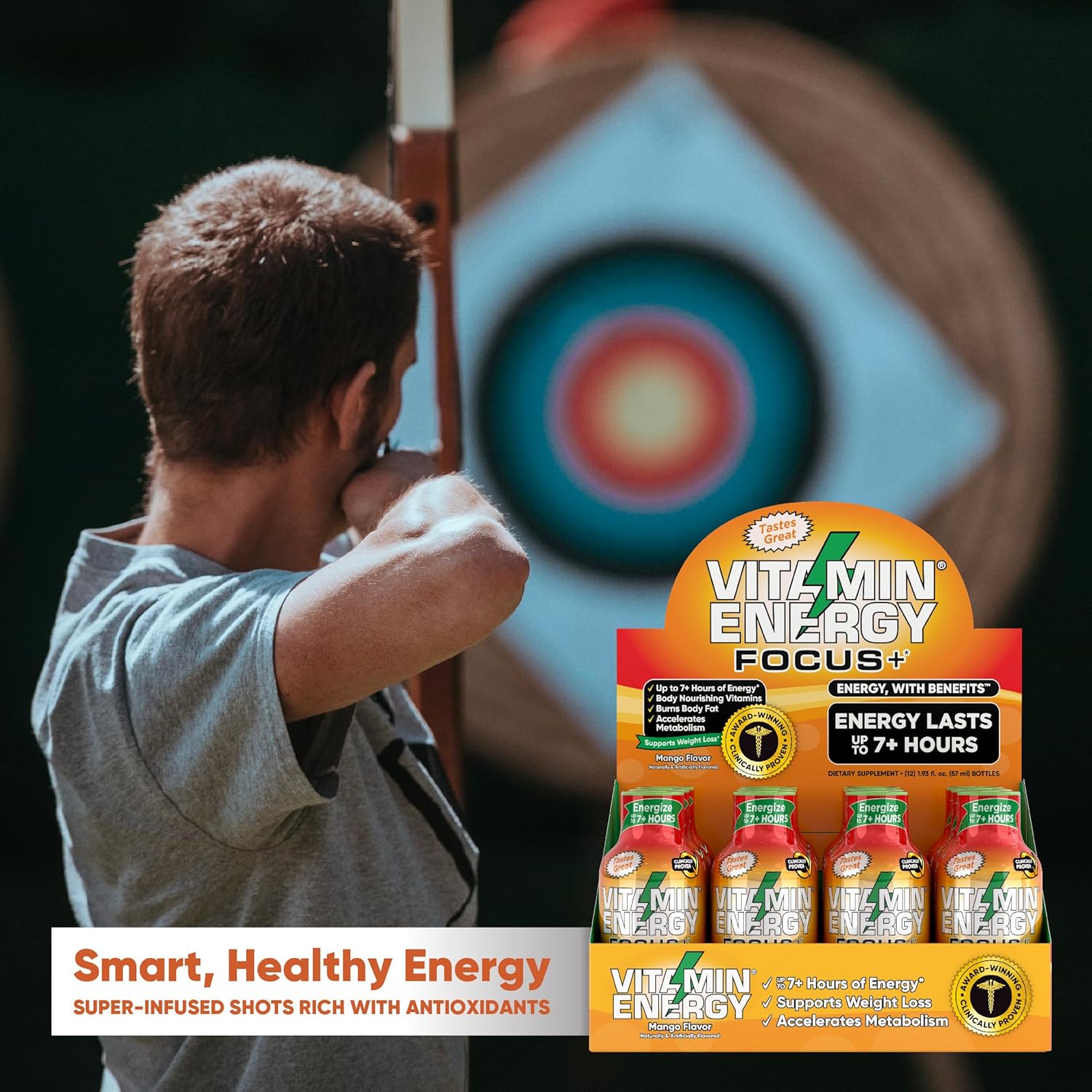 Vitamin Energy Focus+ Shots | Natural Healthy Energy & Focus Drink | Sugar-Free Carb-Free Supplement | Vitamins B6, B12, Niacin, L-Theanine, CoQ10 | Energize up to 7+ Hrs | Mango - 1.93 fl oz - 48 Ct : Health & Household