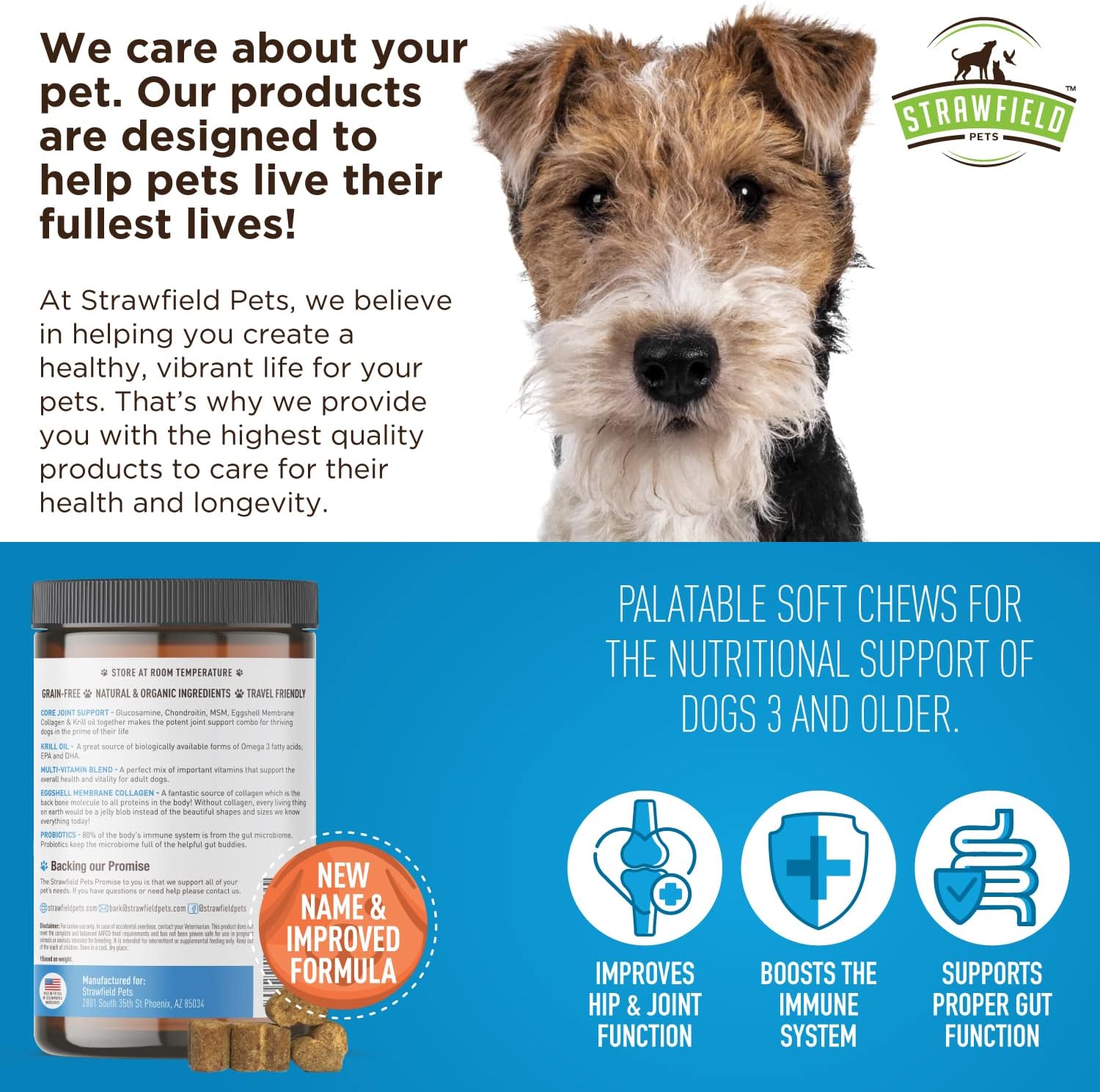 Strawfield Pets Dog Multivitamin + Dog Probiotics Soft Chews | Glucosamine Chondroitin, Probiotics, Omega 3 | Dog Supplements & Vitamins | Dog Health Supplies | 120 Grain Free Chews, USA : Pet Supplies
