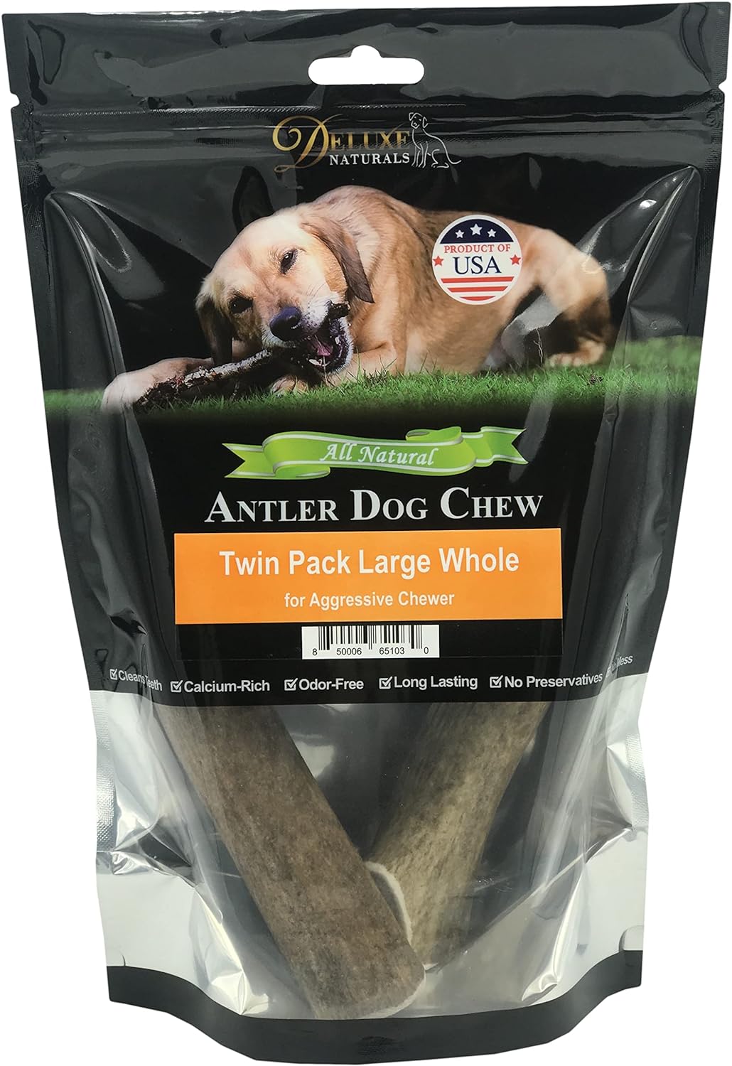 Deluxe Naturals Elk Antler Chews for Dogs | Naturally Shed USA Collected Elk Antlers | All Natural A-Grade Premium Elk Antler Dog Chews | Product of USA, Twin Pack Large Whole : Pet Supplies