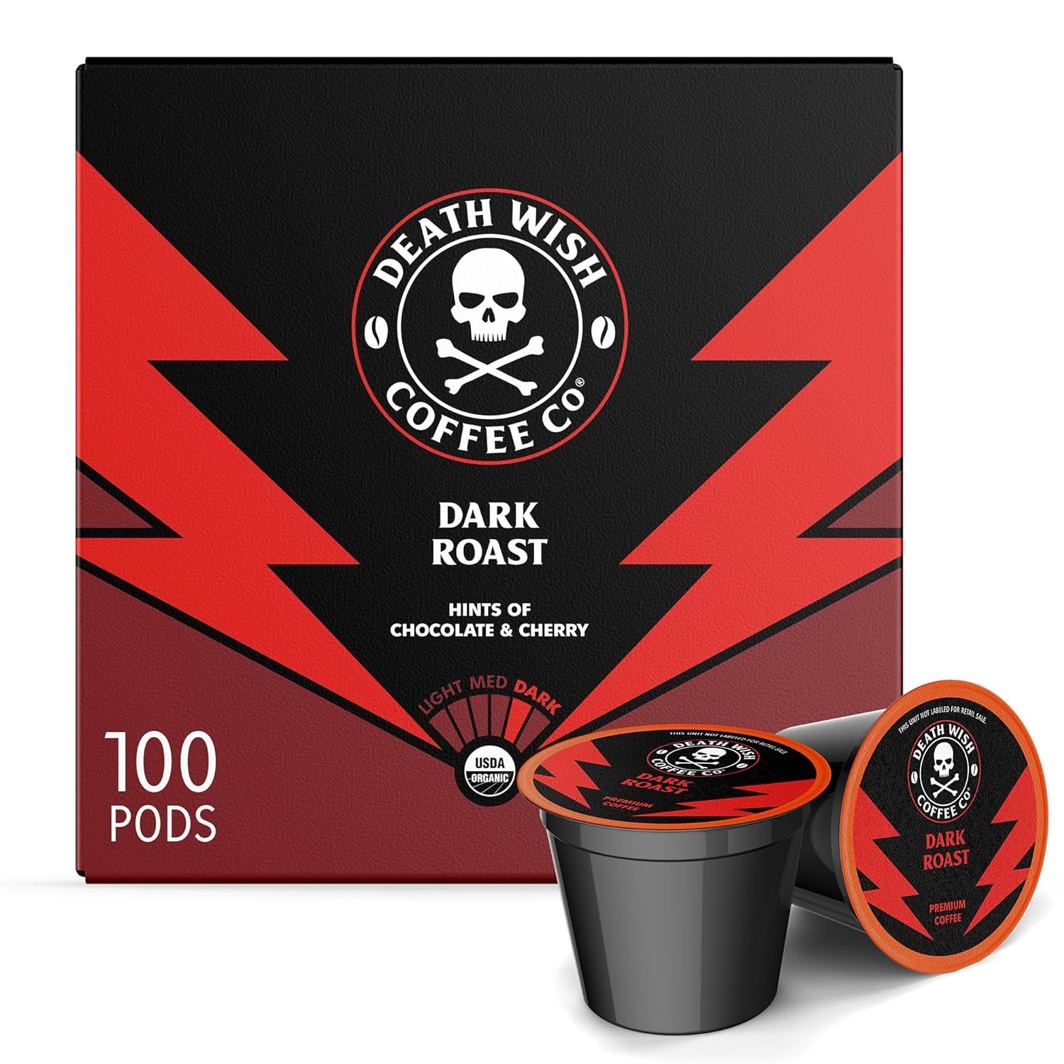 Death Wish Coffee - Single Serve Pods - Dark Roast Coffee Pods - Made with USDA Certified Organic - Extra Kick of Caffeine (Dark Roast, 100 Count (Pack of 1))