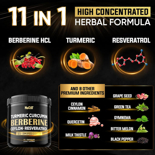 Berberine Supplement. Added Turmeric Curcumin, Trans-Resveratrol & More - Support Gastrointestinal, Body Management & Immune System - 60 Capsules