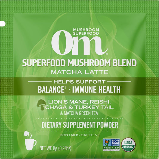 Om Mushroom Superfood Matcha Latte Blend Mushroom Powder, Single Serve, 10 Count, Green Tea, Lion'S Mane, Reishi, Chaga, Turkey Tail, Focus & Stress Support Supplement