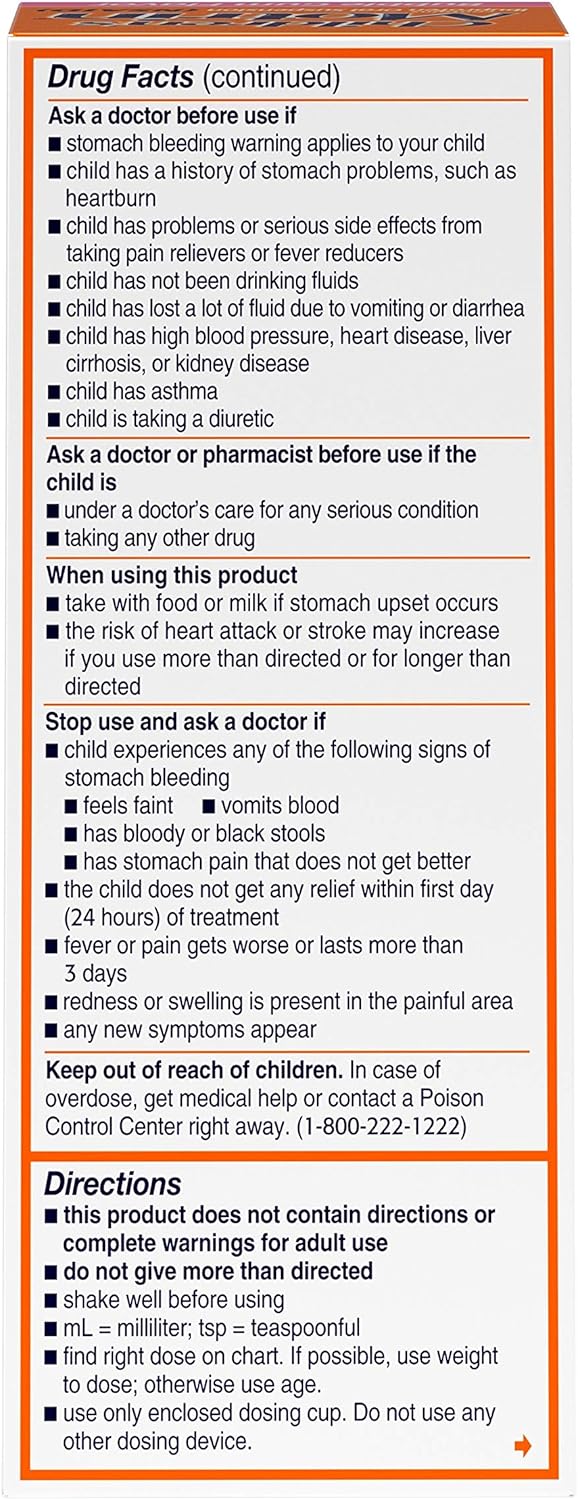 Motrin Children's Oral Suspension Medicine, 100 mg Ibuprofen, Kids Fever Reducer & Pain Reliever for Minor Aches & Pains Due to Cold & Flu, Alcohol-Free, Bubble Gum Flavored, 4 fl. oz : Health & Household