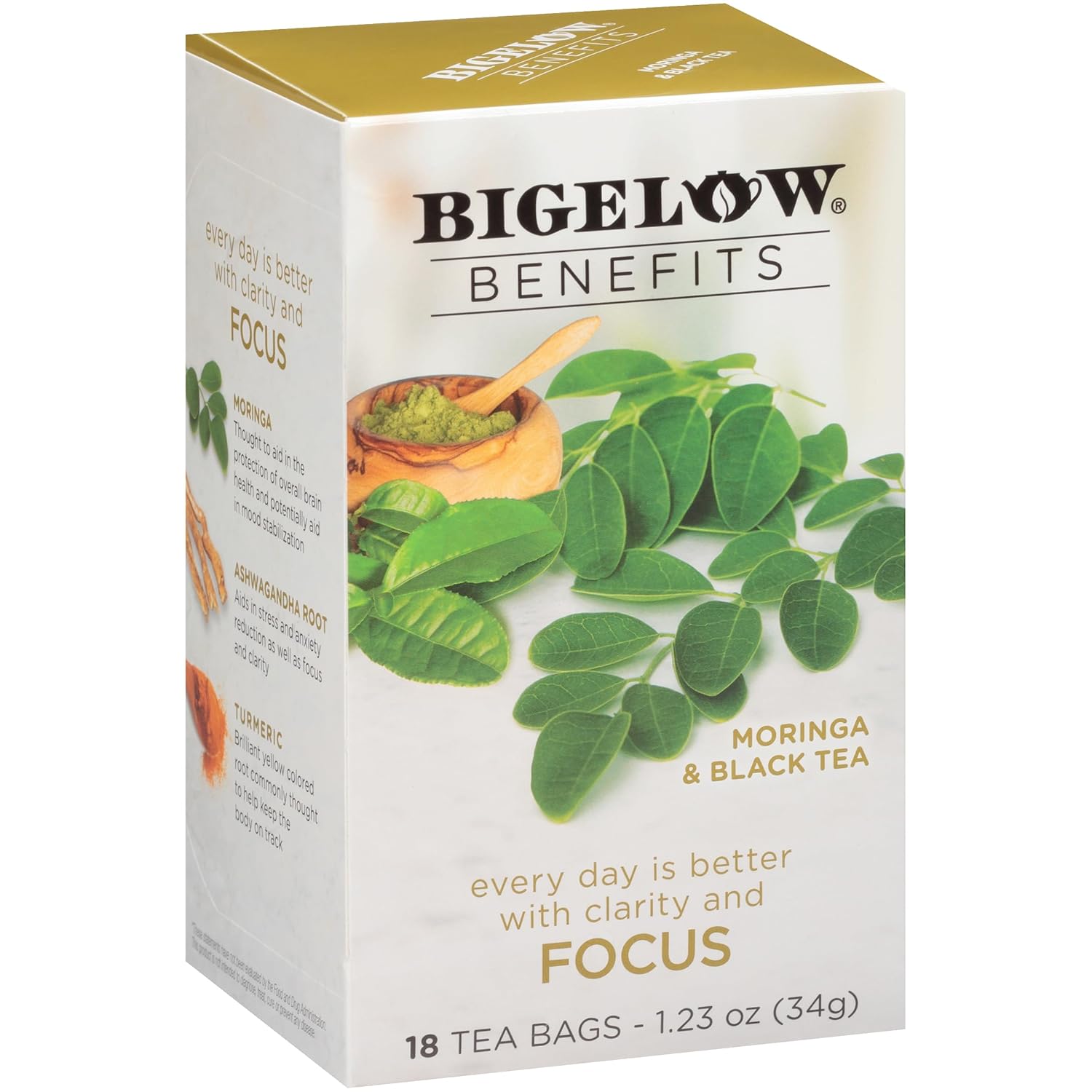 Bigelow Benefits Focus Moringa & Black Tea, Caffeinated, 18 Count (Pack Of 6), 108 Total Tea Bags