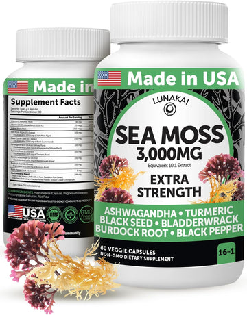 Lunakai Usa Made Irish Sea Moss Capsules With Black Seed Oil, Ashwagandha, Burdock Root & Bladderwrack - 3000Mg Immune Support, 60Ct
