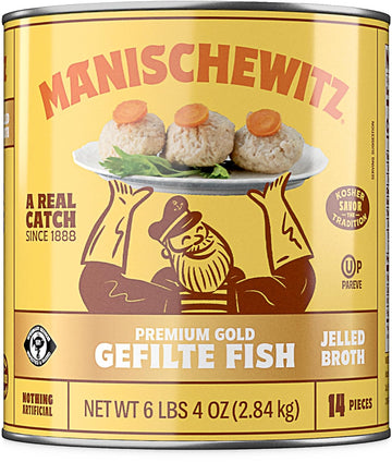 Manischewitz Premium Gold Gefilte Fish, (14 Pieces) in Jelled Broth, No MSG, Kosher for Passover