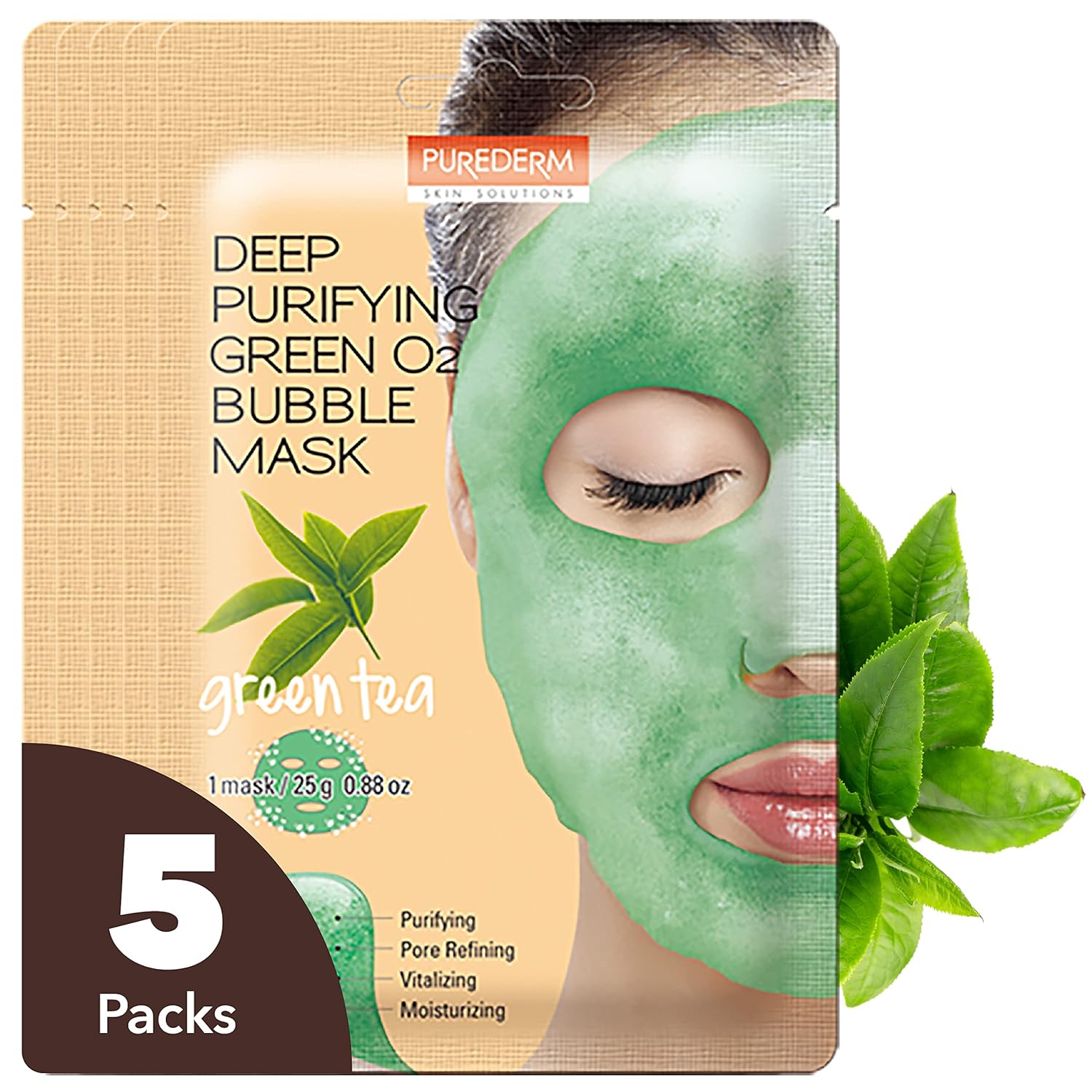 Purederm Deep Purifying Green O2 Bubble Mask 0.88Oz X 5Ea / Korean Beauty/Bubble Mask/Cleansing Foam/Cleanser/Purifying Mask/Green Tea Mask/Face Toxin