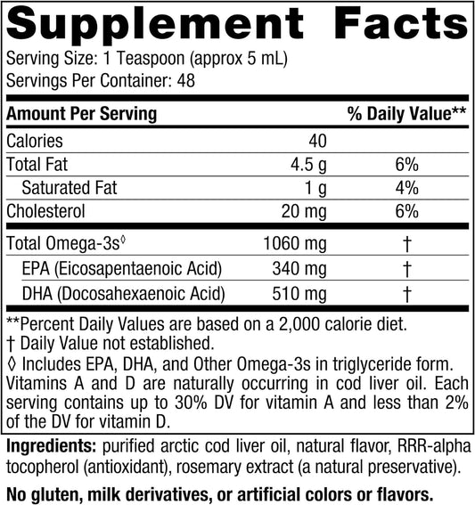 Nordic Naturals Arctic Cod Liver Oil, Strawberry - 8 oz - 1060 mg Total Omega-3s with EPA & DHA - Heart & Brain Health, Healthy Immunity, Overall Wellness - Non-GMO - 48 Servings