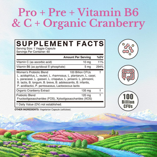 Vitalitown Women’S Probiotics | 100 Billion Cfus 18 Strains | Prebiotics, Vc & B6, Cranberry | Shelf Stable | Vaginal, Urinary, Digestive & Mood Support | 60 Vegan Caps