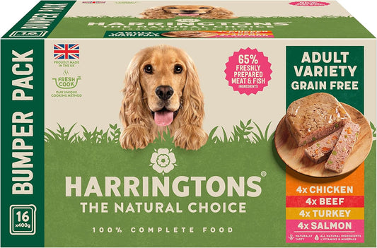 Harringtons Grain Free Hypoallergenic Wet Dog Food Variety Pack 16x400g - Chicken, Beef, Turkey & Salmon - All Natural Ingredients400 g (Pack of 16), Packaging may vary?HARRWBULKV-C400