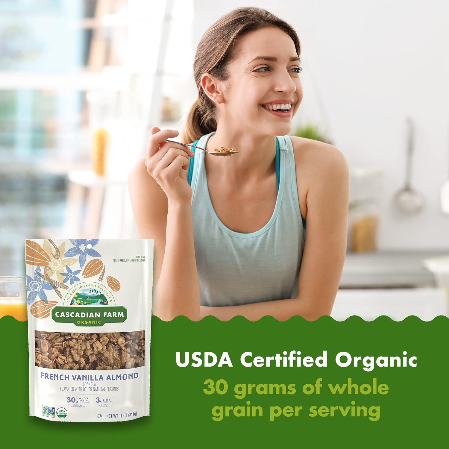 Cascadian Farm Organic Granola, French Vanilla Almond Cereal, Resealable Pouch, 11 oz : Grocery & Gourmet Food