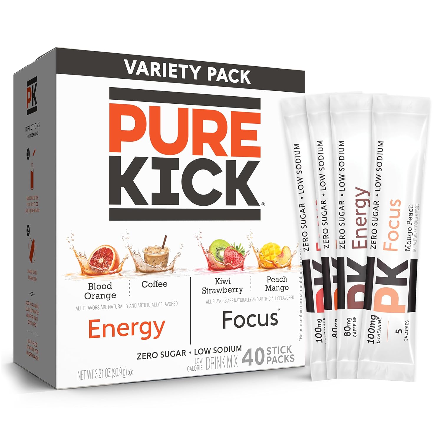 Pure Kick Energy And Focus Singles To Go Drink Mix Variety Pack,Blood Orange, Coffee, Strawberry Kiwi And Peach Mango, 40 Count (Pack - 1)