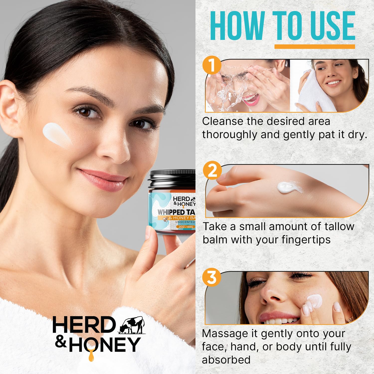 Herd & Honey Whipped Tallow Balm - Organic Tallow And Honey Balm For Face, Lips And Body, Unscented 100% Grass Fed Beef Tallow For Skin, Fast Absorbing, Non-Greasy Tallow Face Moisturizer, 2Oz : Beauty & Personal Care