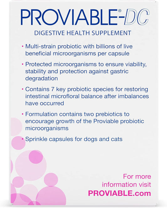 Proviable Digestive Health Supplement Multi-Strain Probiotics and Prebiotics for Cats and Dogs - With 7 Strains of Bacteria, 30 Capsules