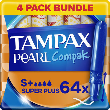 Tampax Compak Pearl Tampons, Super Plus With Applicator, 64 Tampons (16 x 4 Packs), Leak Protection And Discretion