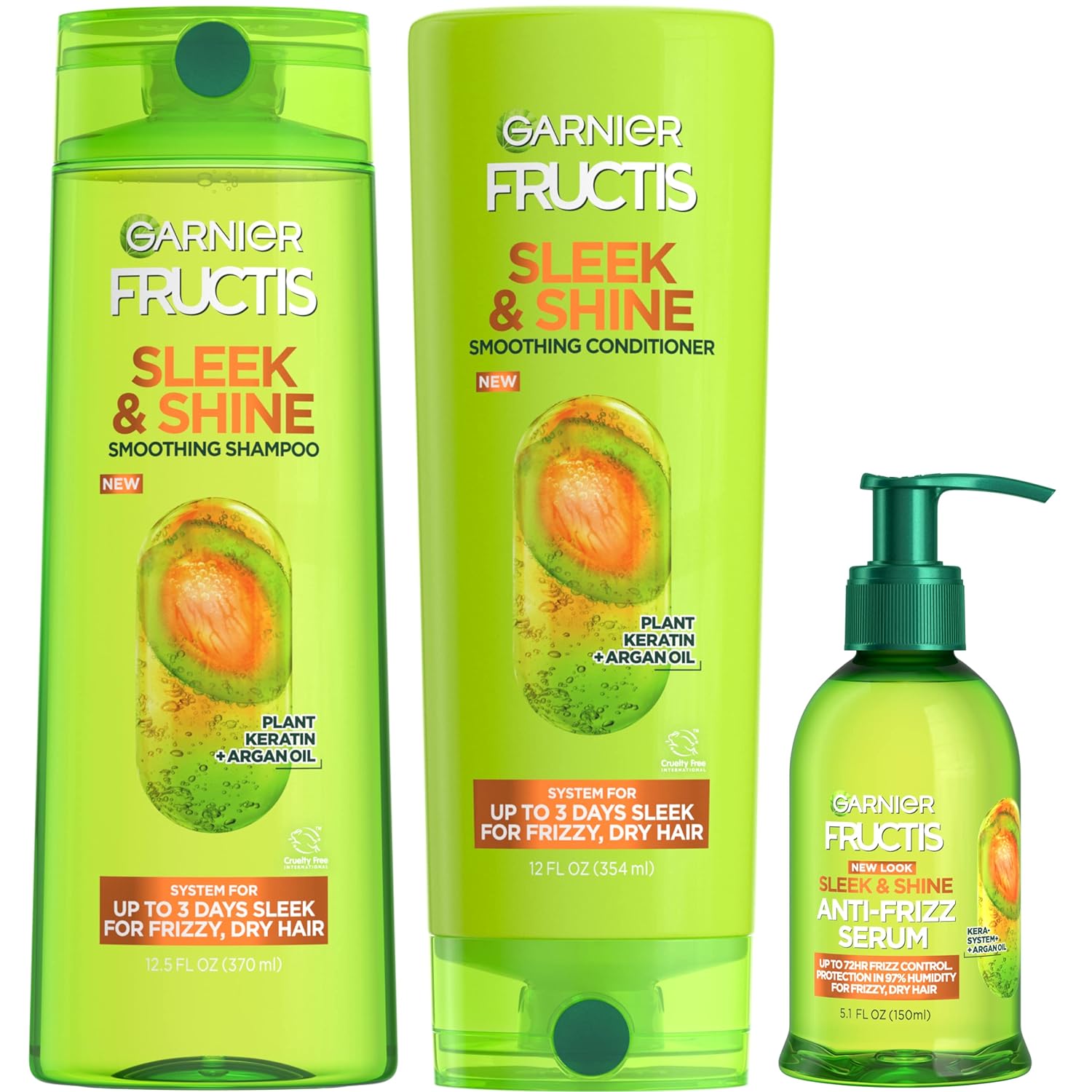 Garnier Fructis Sleek & Shine Shampoo, Conditioner + Anti-Frizz Serum Set For Frizzy, Dry Hair, Argan Oil (3 Items), 1 Kit (Packaging May Vary)