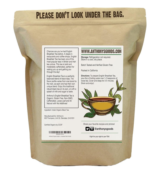 Anthony'S Organic English Breakfast Loose Leaf Tea, 1 Lb, Gluten Free, Non Gmo, Non Irradiated, Keto Friendly