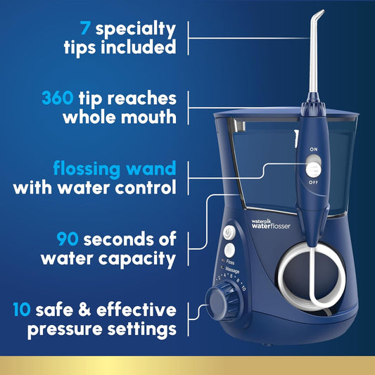 Waterpik Aquarius Water Flosser Professional For Teeth, Gums, Braces, Dental Care, Electric Power With 10 Settings, 7 Tips For Multiple Users And Needs, Ada Accepted, Blue Wp-663, Packaging May Vary